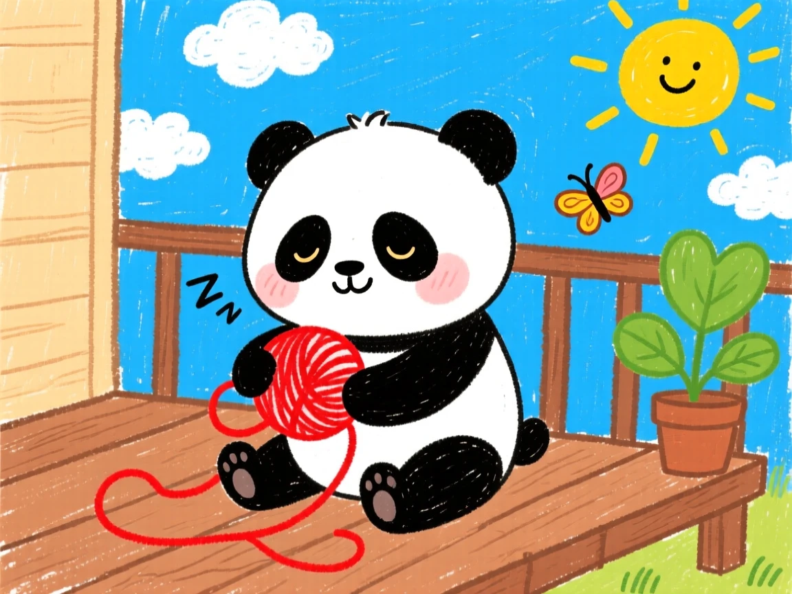 A sleepy panda cub playing with a ball of yarn on a porch.