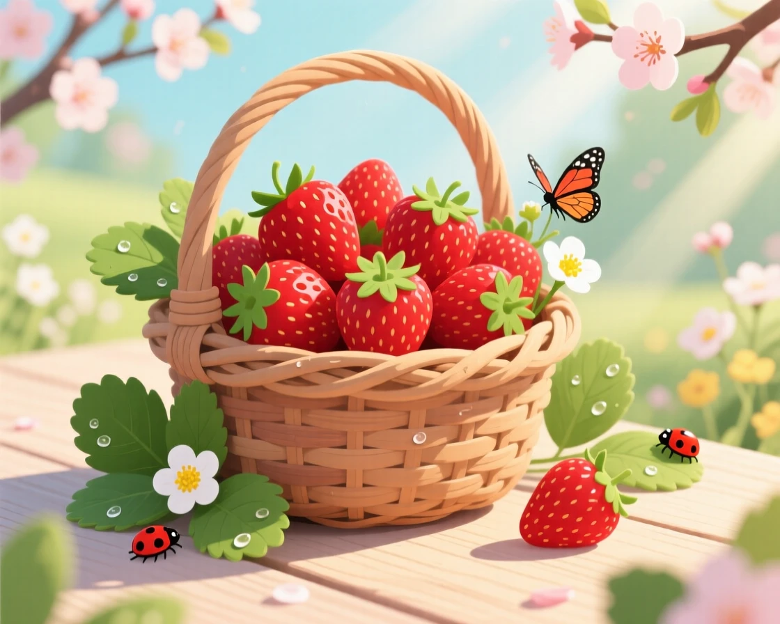 A basket of fresh strawberries picked on a warm spring morning, surrounded by the fresh atmosphere of the changing season, framed to highlight the freshness of the season, with charming small details that evoke the season perfectly.