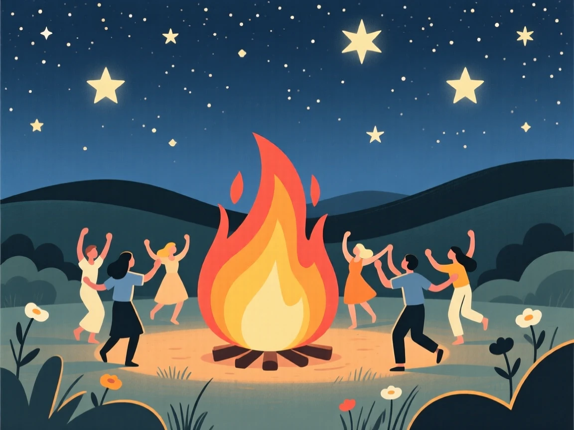 A summer solstice celebration with a bonfire and dancing under the stars.