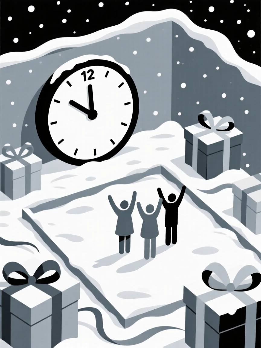 A joyful New Year's countdown taking place in a snow-dusted courtyard, decorated with ribbon-wrapped gifts, full of festive excitement.