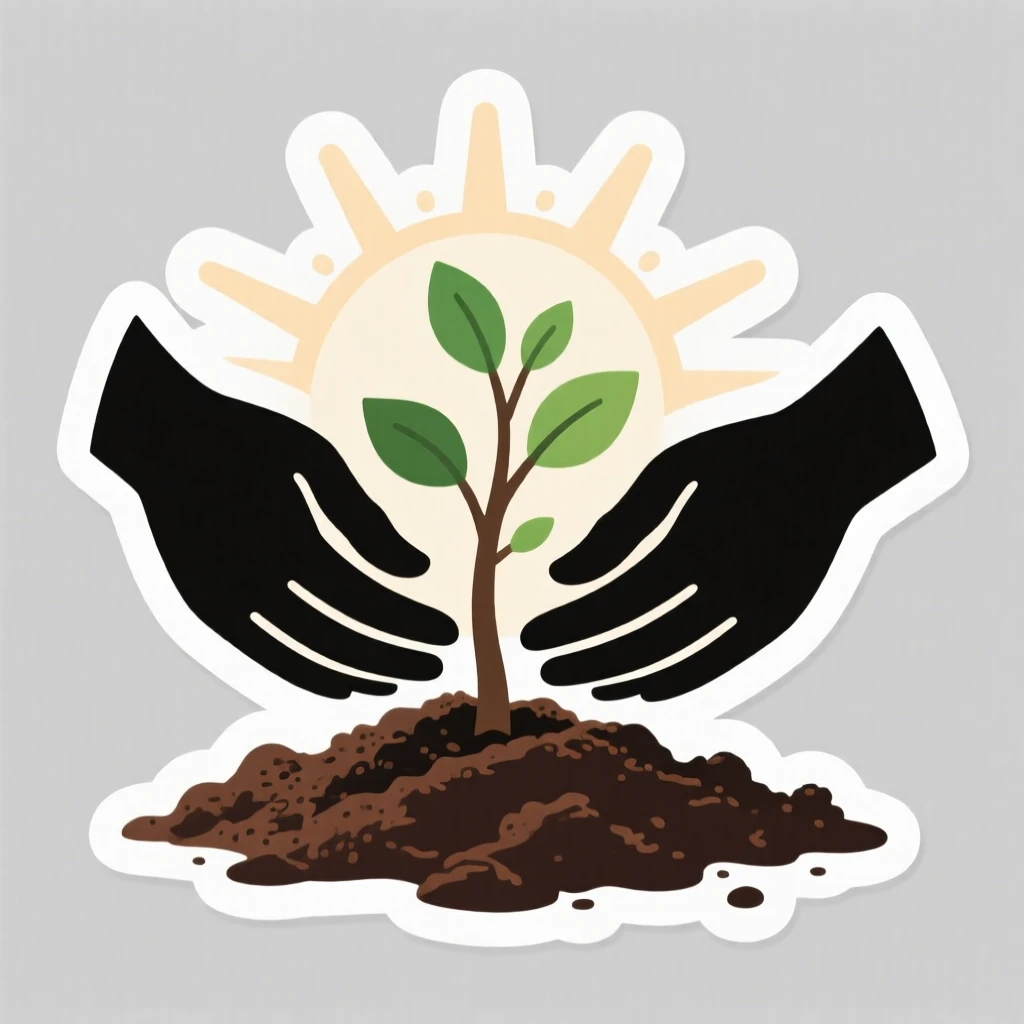 A gently uplifting scene of a hands planting a young tree in rich soil, framed by soft rays of morning sun, marking the start of something meaningful.
