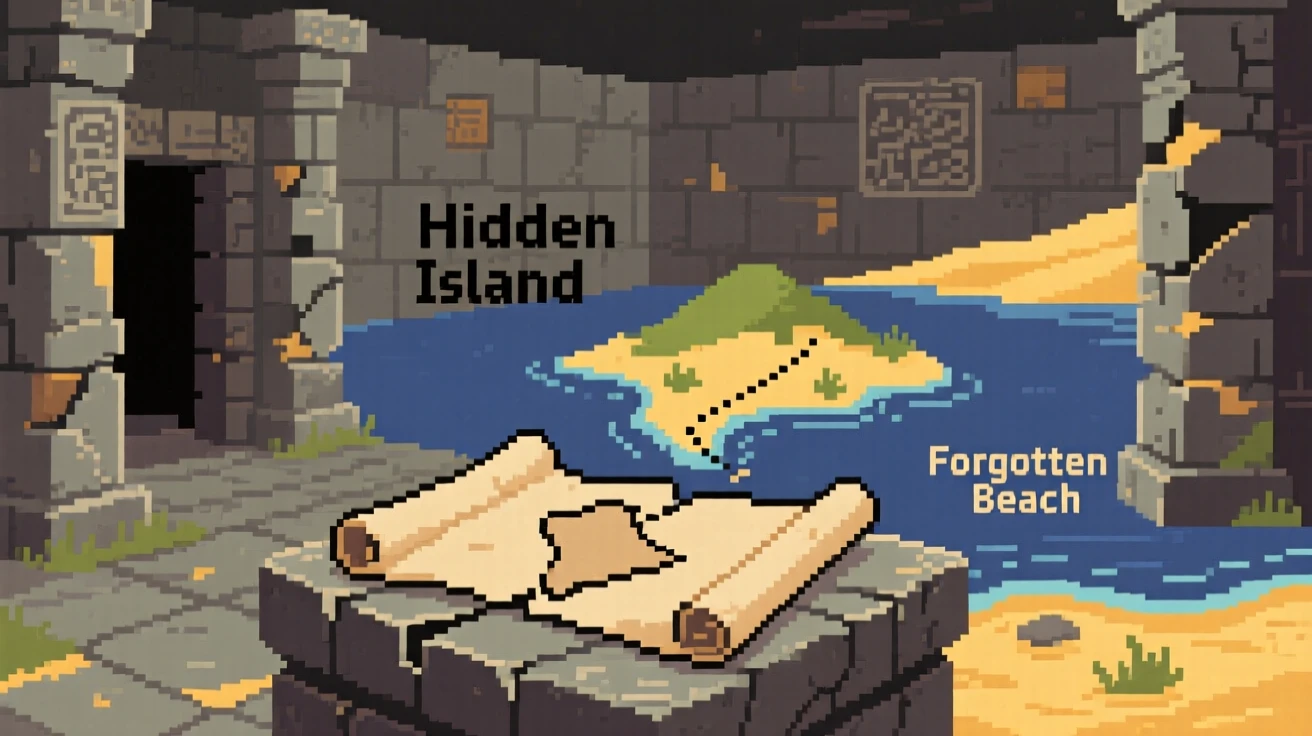 A map leading to a hidden island half-buried in sand on a forgotten beach, inside a forgotten temple chamber.