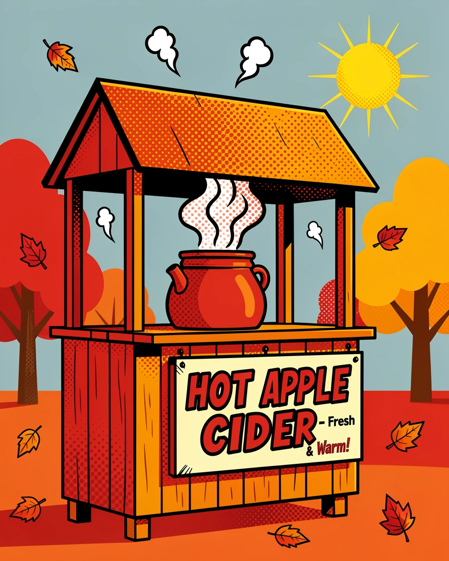 A hot apple cider stand steaming on a crisp fall day