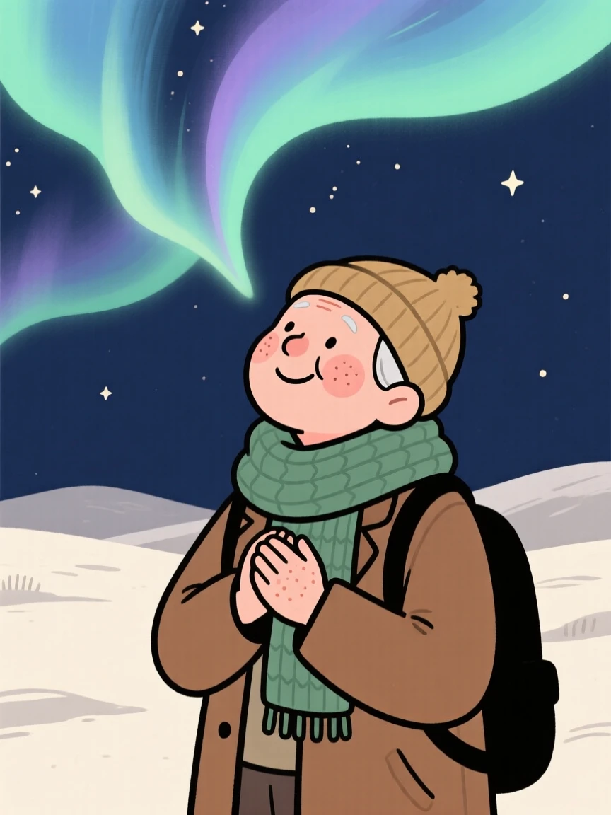 A elderly traveler looks up in quiet wonder at the northern lights overhead, hands clasped together as a feeling of gratitude settles over the scene.