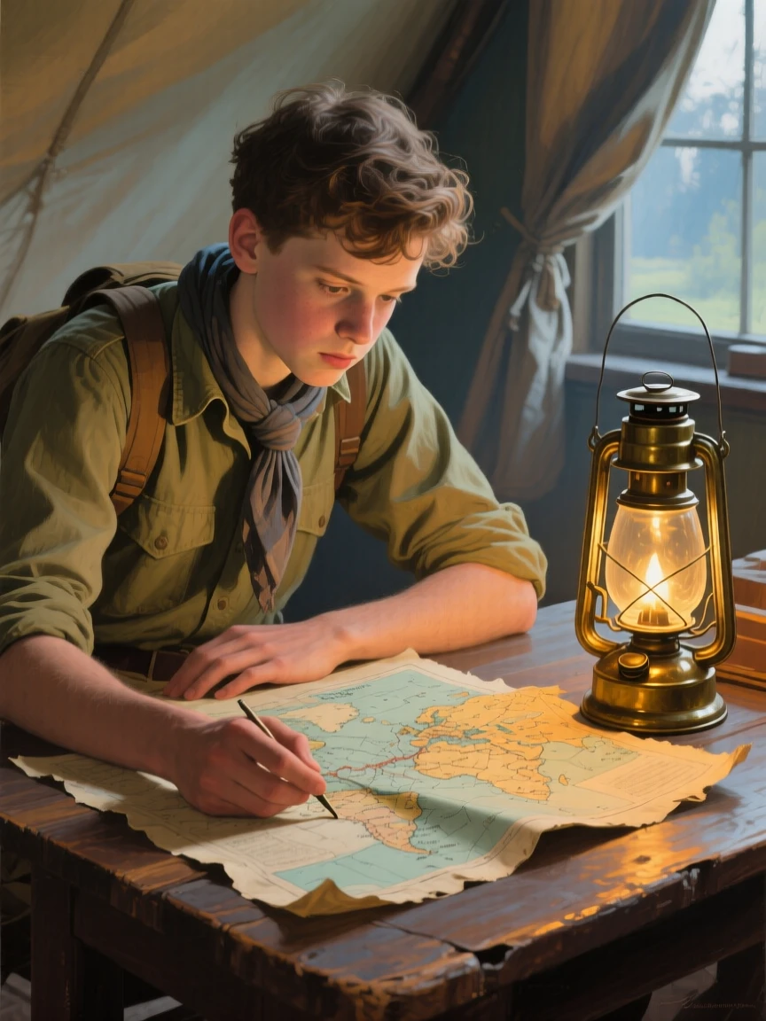 An intimate close-up of a young explorer studying a worn map by lantern light, at midday, in the 1950s.