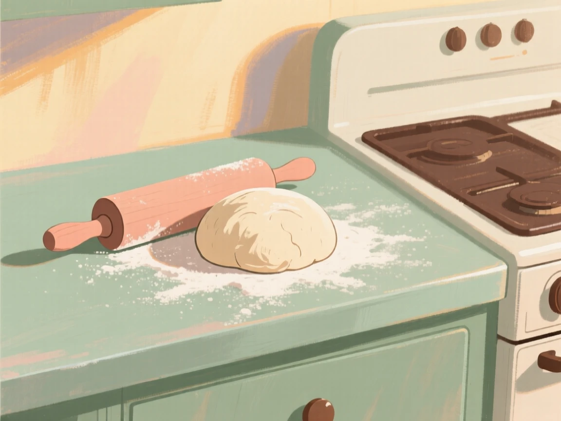 A kitchen counter dusted with flour beside a rolling pin and dough