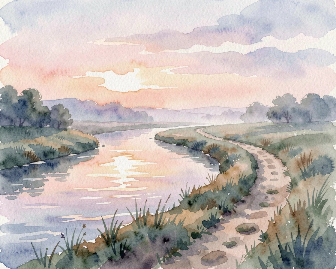 A winding river during a soft sunrise with a narrow dirt path leading into the distance.