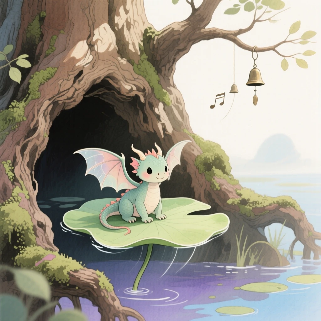 A tiny baby dragon rides atop a drifting lily pad in an ancient hollow oak, as distant chimes ring softly in the wind