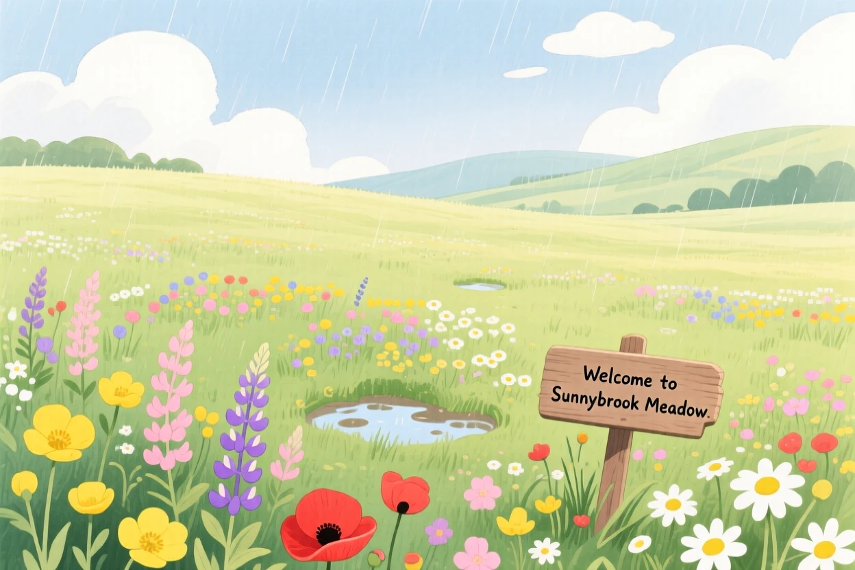 A meadow bursting with wildflowers in spring, peaceful and vast, just after a summer storm.