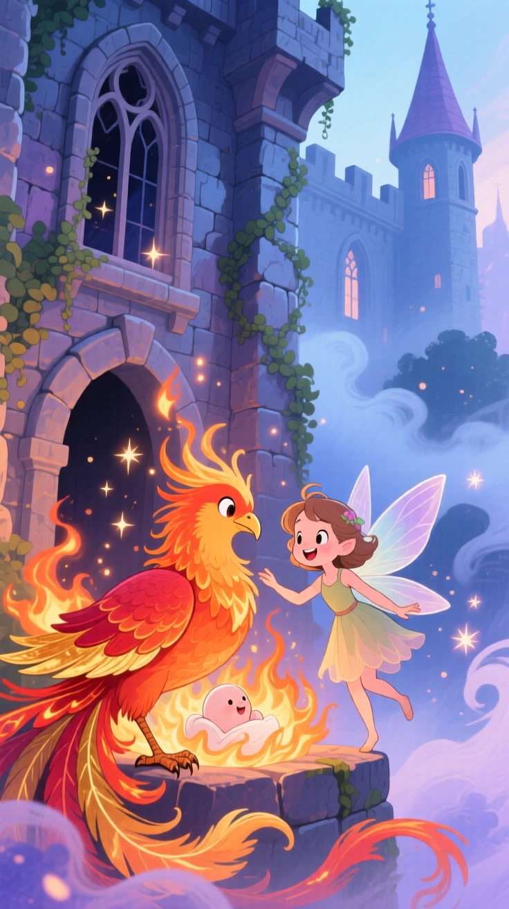 A curious fairy taming a phoenix that has just been born from flame, in an ancient castle wrapped in mist, filled with wonder and magical excitement.