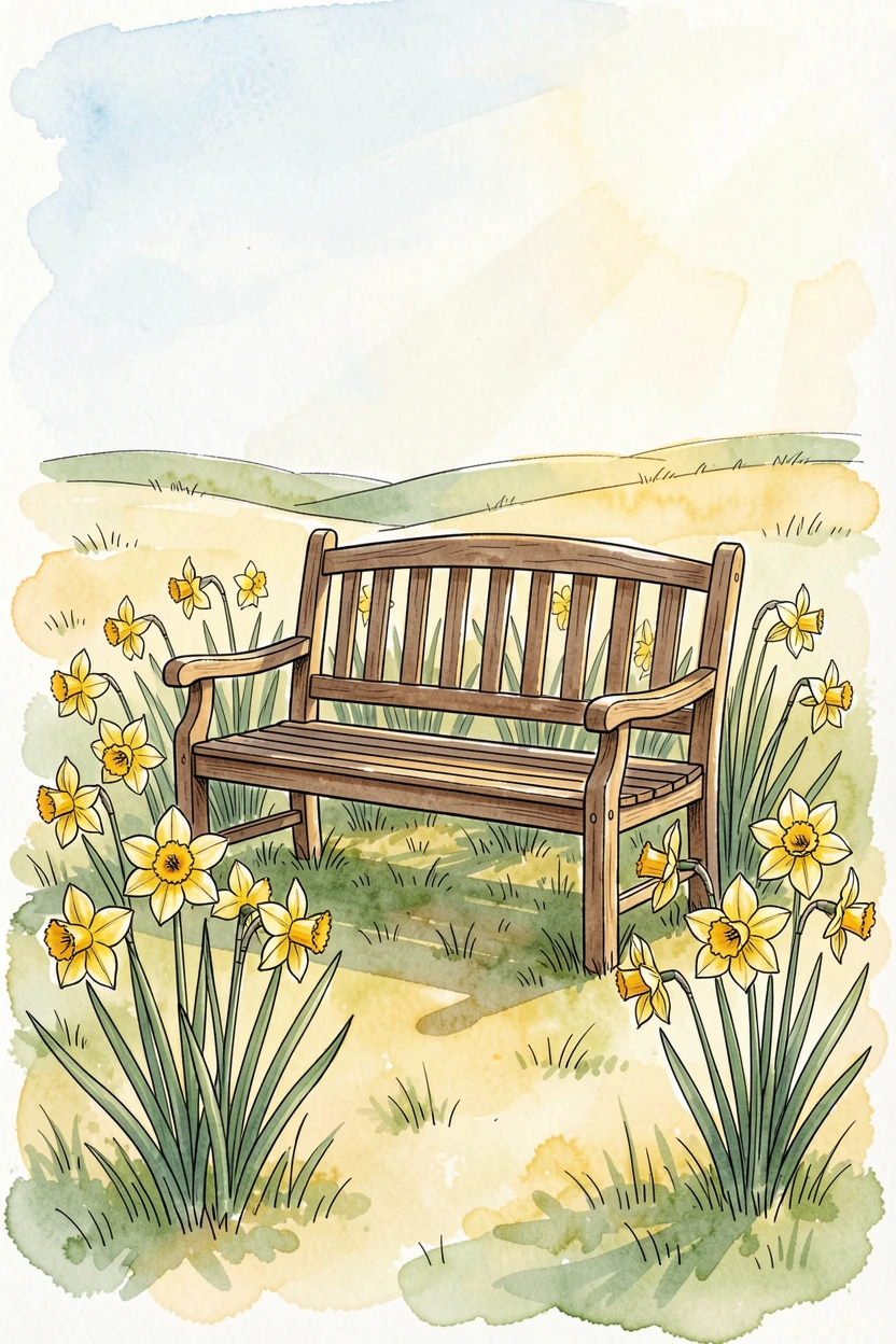 A spring meadow bursting with daffodils around a quiet garden bench, a nostalgic, comforting atmosphere settling over the scene.