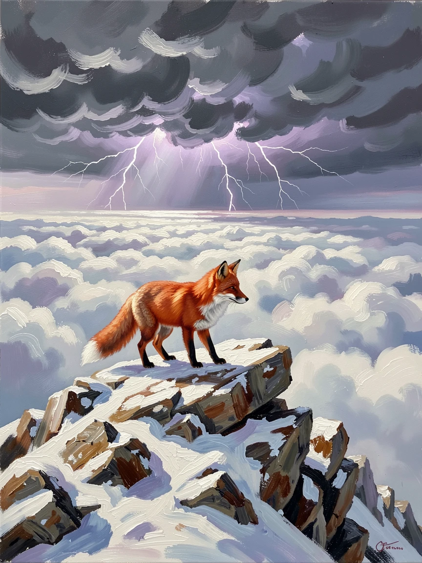 A red fox trotting through freshly fallen snow, it surveying the landscape from a high vantage point, along a rocky mountain ridge above the clouds, during a dramatic thunderstorm rolling in from the horizon.