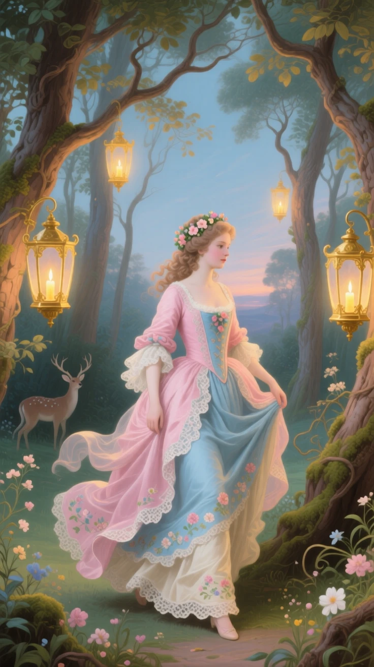 A princess walking through a forest where every tree holds glowing lanterns  