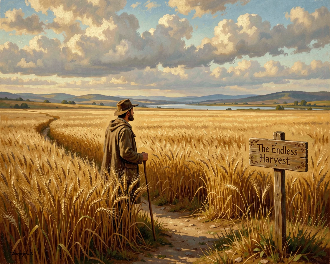 A golden wheat field stretching to the horizon, with a solitary traveler pausing to take in the view.
