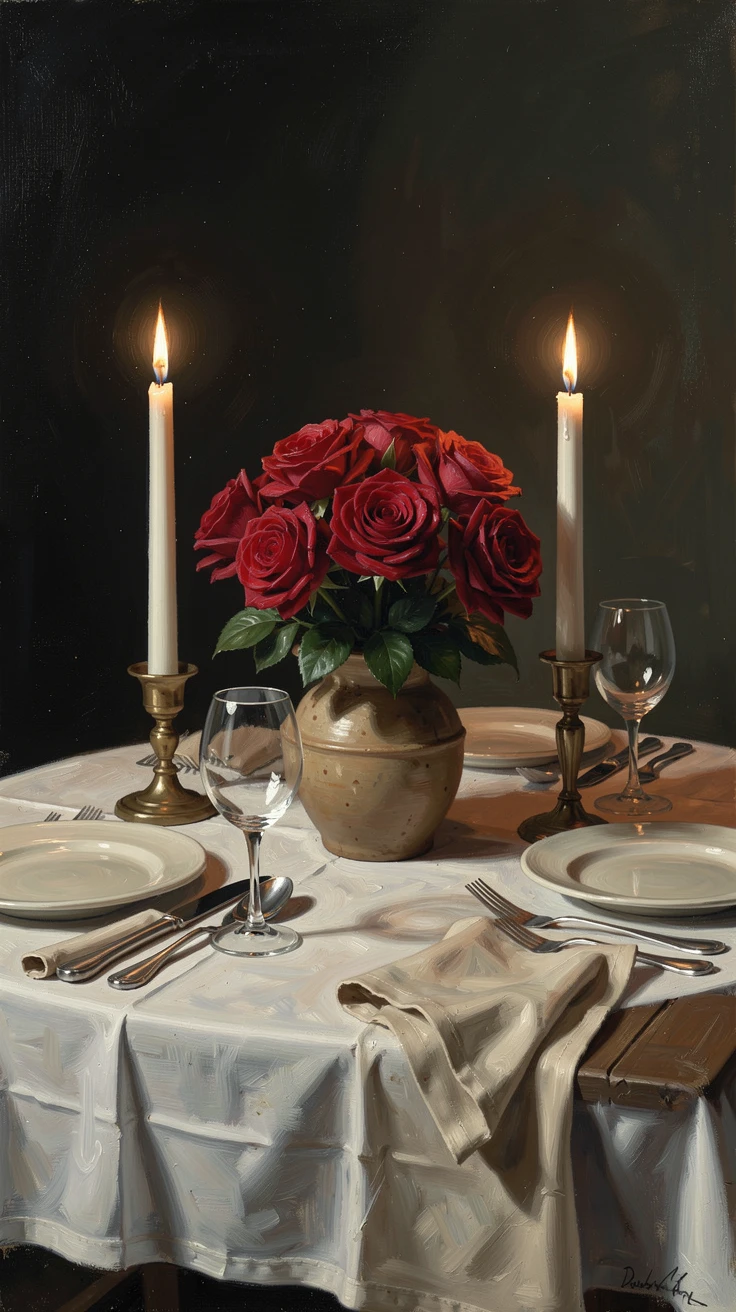 A Valentine's Day dinner table set with candles and a bouquet of roses, with warm, inviting light glowing throughout the scene, designed to bring festive cheer to any home or gallery wall