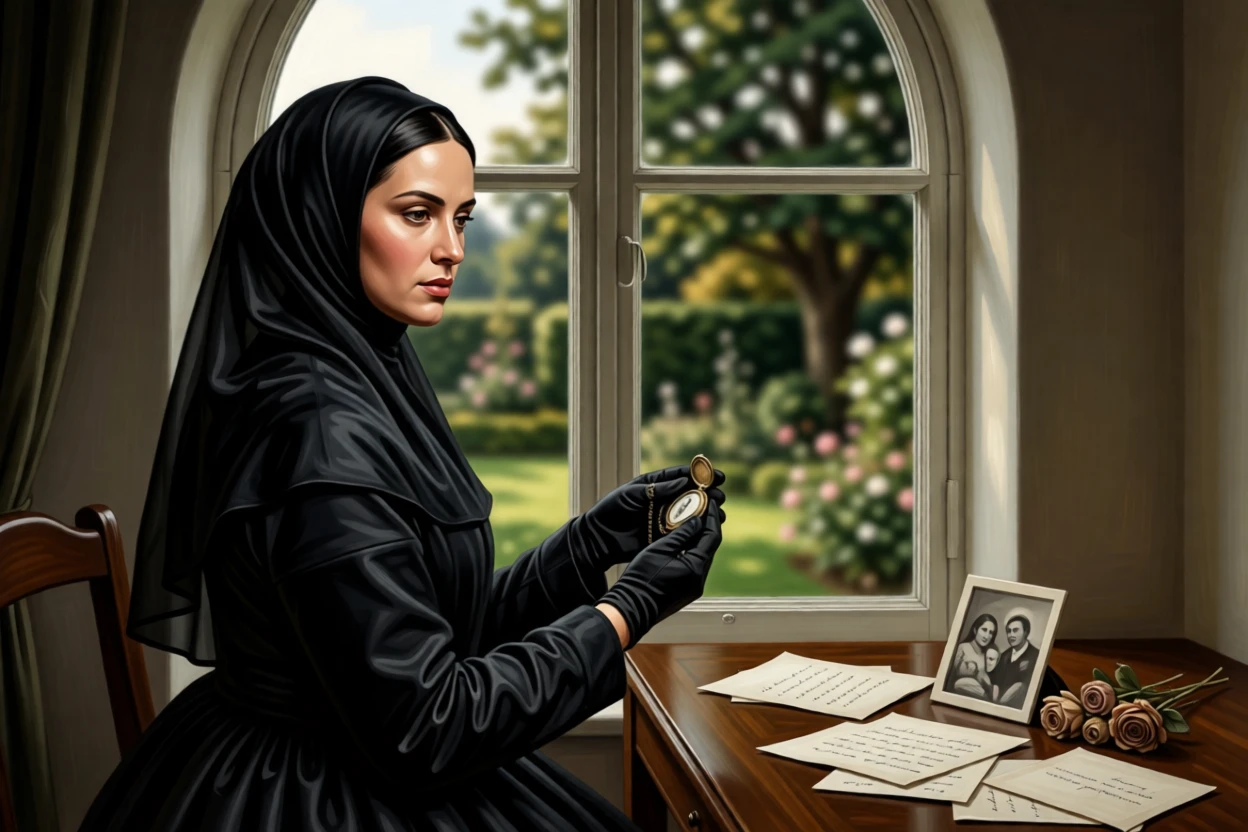 A widow in mourning black gazing at a locket portrait holding perfectly still in contemplative silence, set beside a tall arched window overlooking a garden, surrounded by scattered letters, a faded photograph, and dried flowers; the pose is turned gently off-center for a natural, candid feel, conveying quiet dignity and inner life.