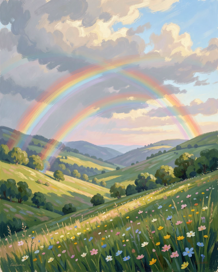 A vivid double rainbow arching over a green valley after a passing summer storm, during the height of summer, filled with a cozy, comforting atmosphere.
