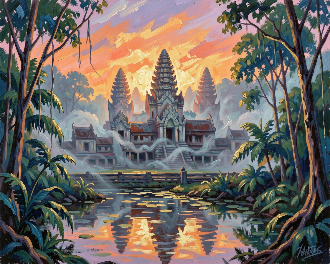 The ancient temples of Angkor Wat emerging from the jungle mist at sunrise.