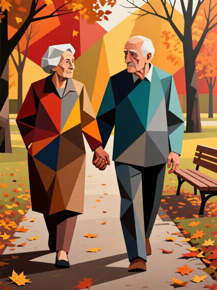 An elderly couple holding hands while walking along a quiet autumn park path.
