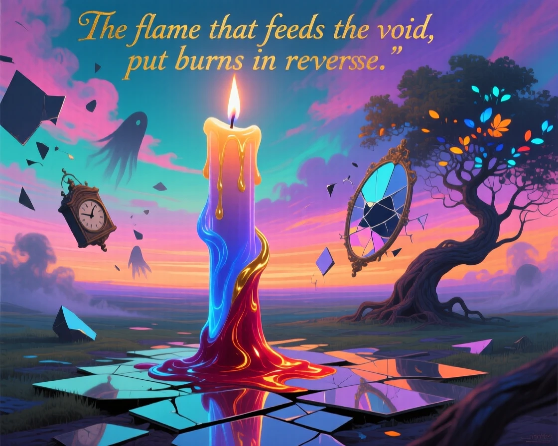 A candle whose flame burns backward, growing taller instead of shorter stretches into a horizon that never quite arrives, as shadows move independently of the objects casting them.