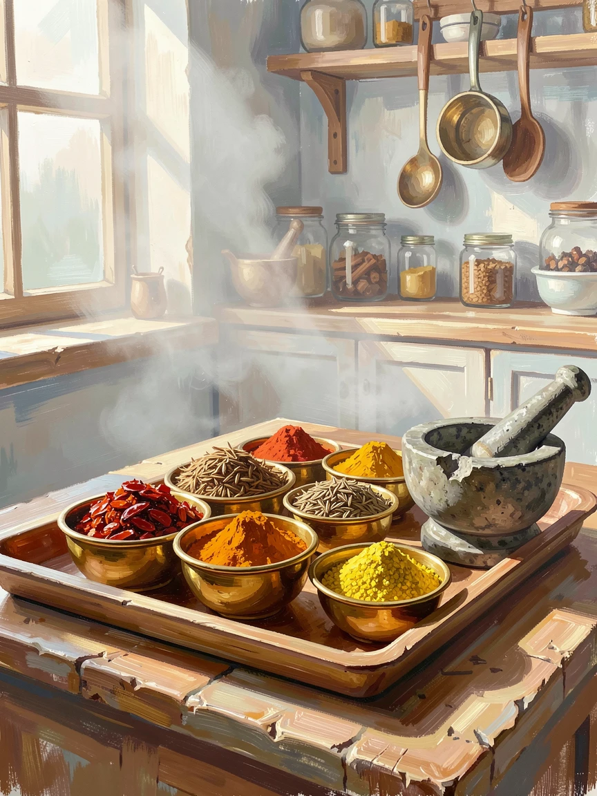 A collection of colorful spices in small brass bowls sits arranged on a wooden tray beside a mortar and pestle in a sunlit kitchen, the air carrying a faint mist that softens distant shapes without obscuring the overall view.