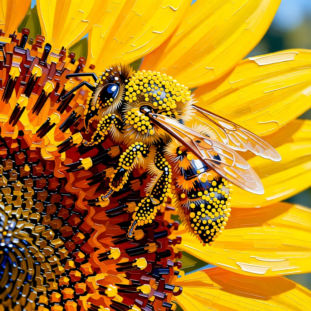 A macro photograph of a honeybee covered in pollen resting on a bright yellow sunflower