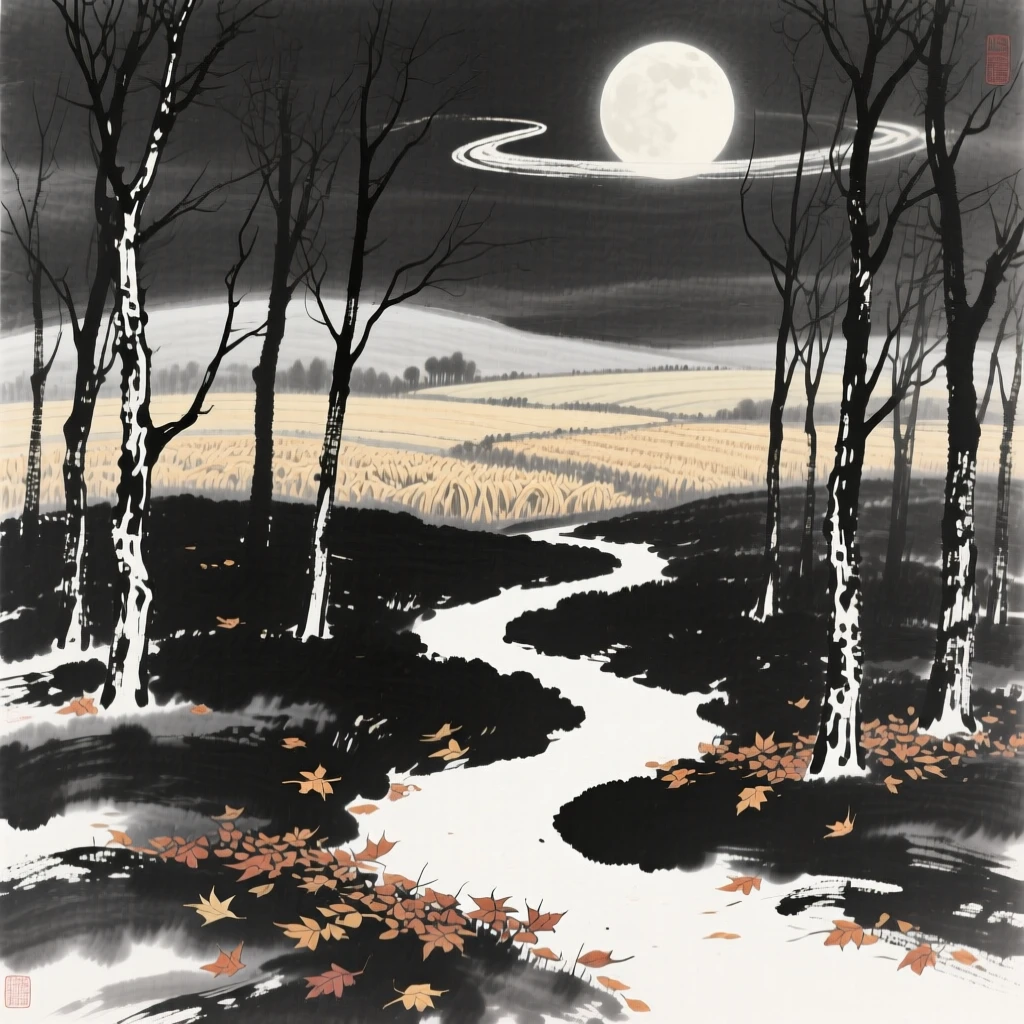 A quiet path winds through a forest carpeted with fallen leaves, as the harvest moon begins to rise over the fields.