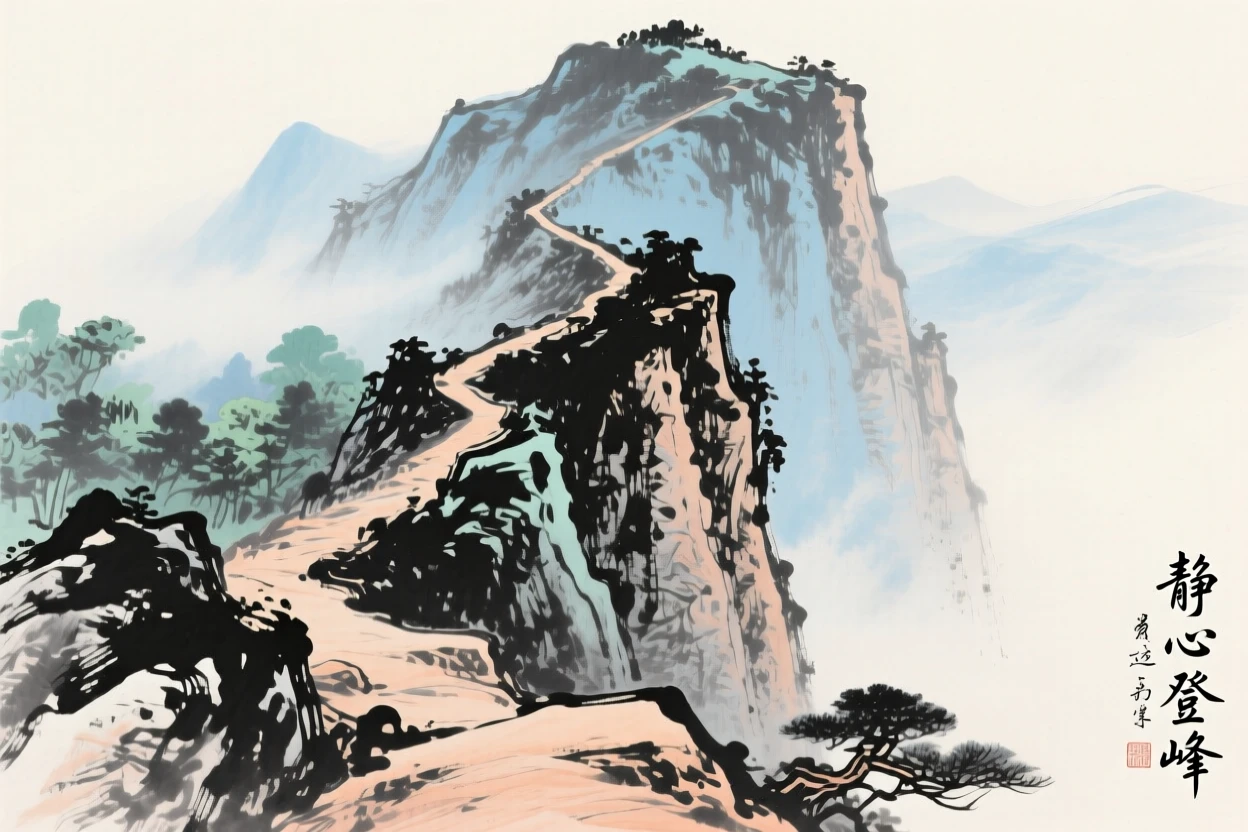 A steep mountain trail leading toward a distant summit, filled with tranquil stillness.