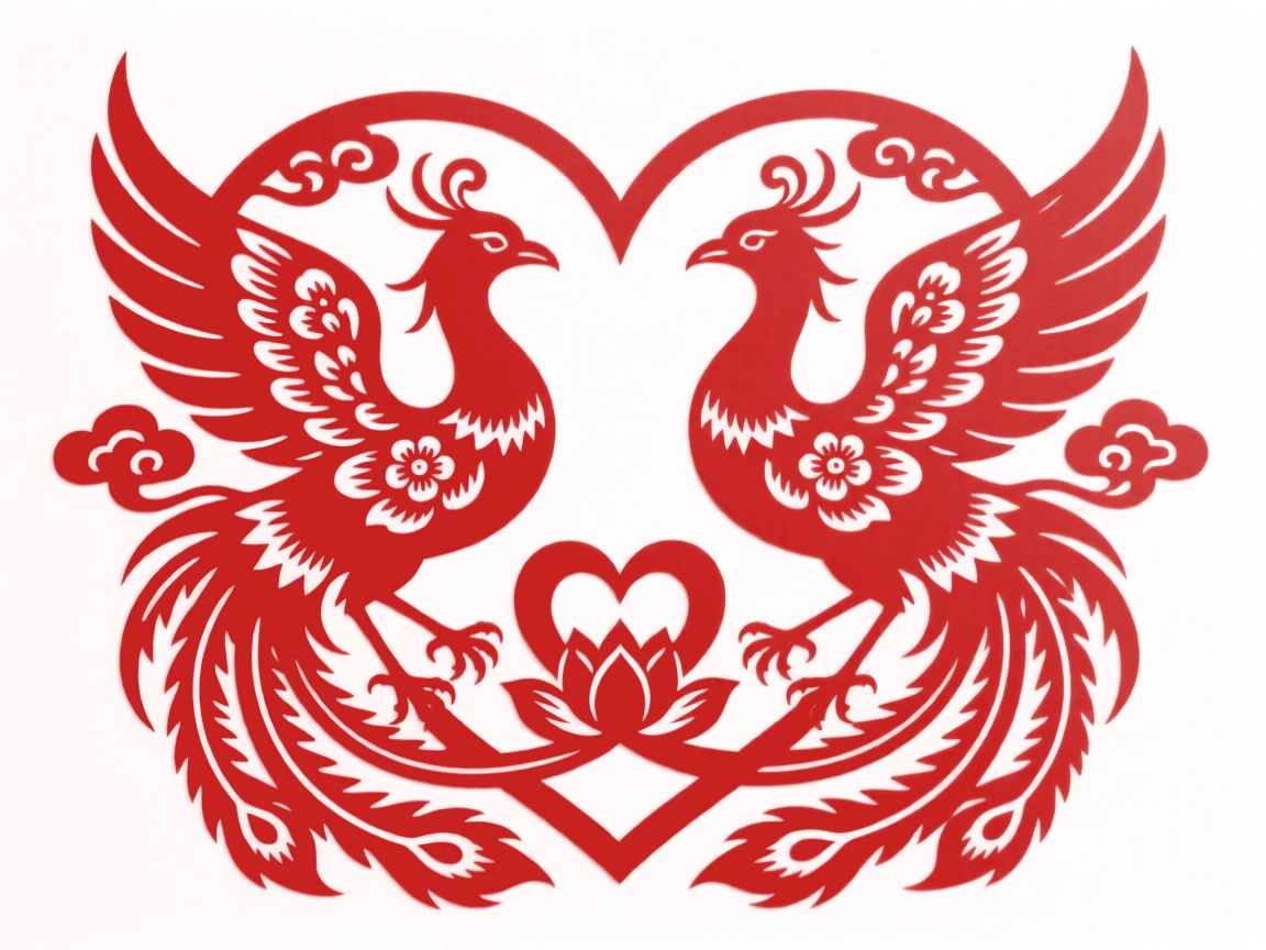 A symmetrical composition of paired phoenixes with tails intertwining to form a central heart motif
