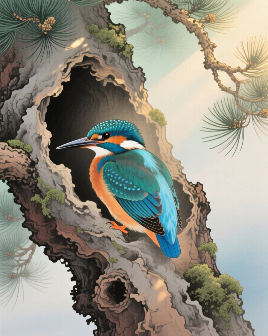 A kingfisher nestled in a hollow of an old pine tree, soft morning light filtering through the branches