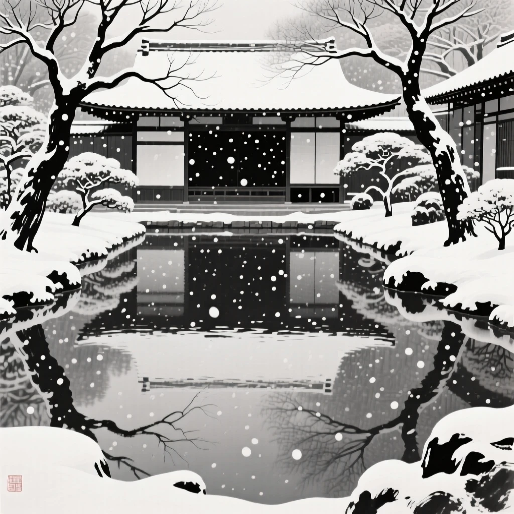 A traditional garden with a still reflecting pool beneath a canopy of falling snow, framed symmetrically along a central path, suggesting timeless craftsmanship and peaceful tradition.