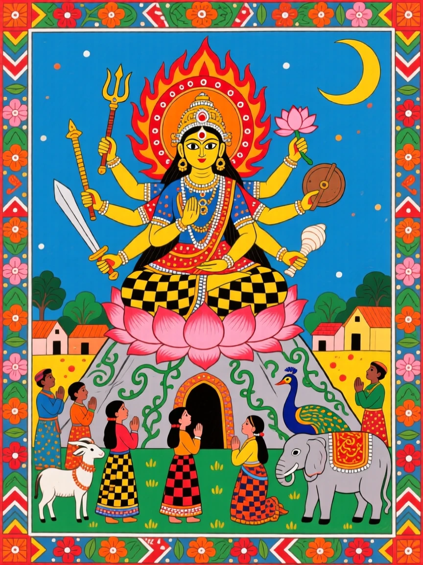 Durga blessing a village gathered at the foot of her mountain shrine.