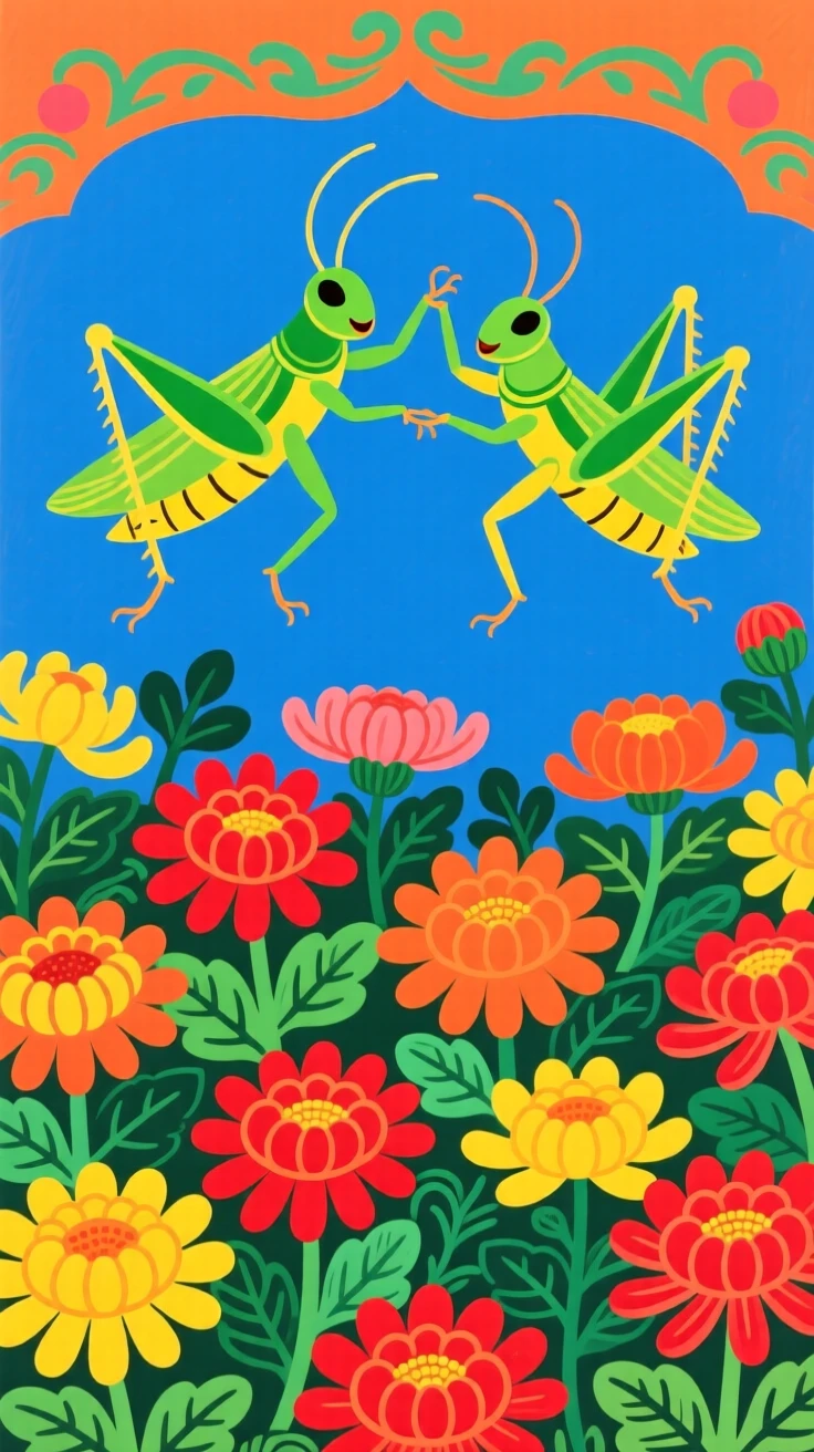 A pair of grasshoppers dancing above a garden of chrysanthemums.