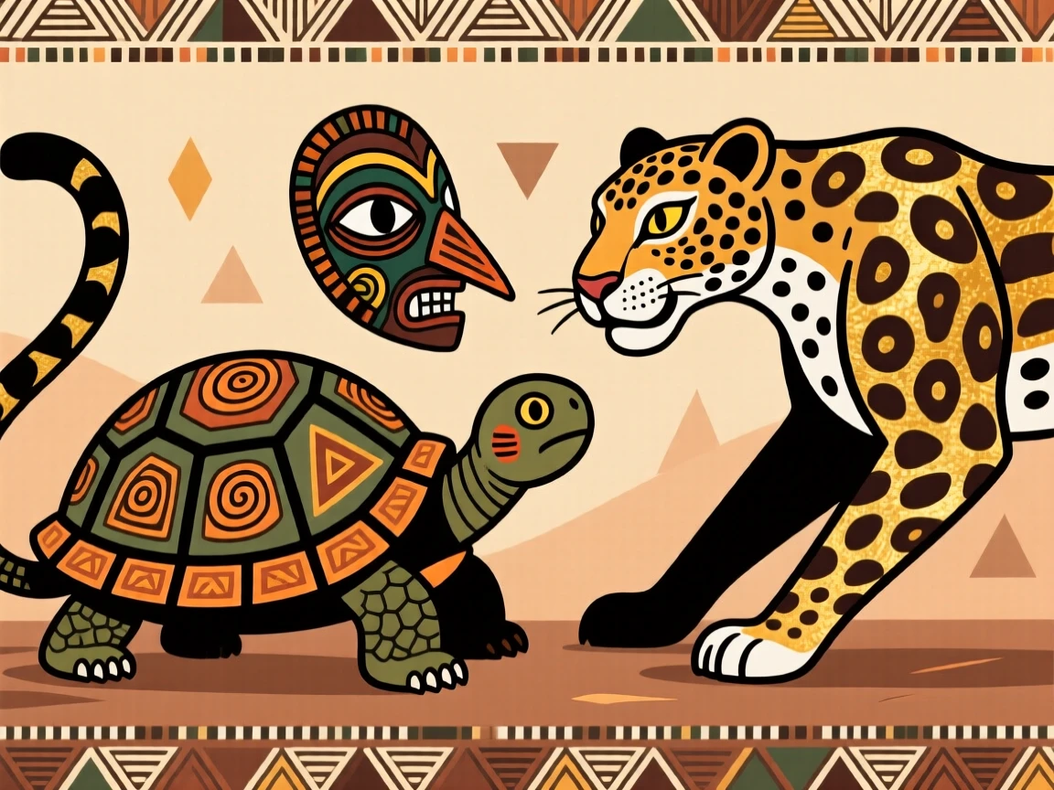 A mythical tortoise outsmarting a boastful leopard.