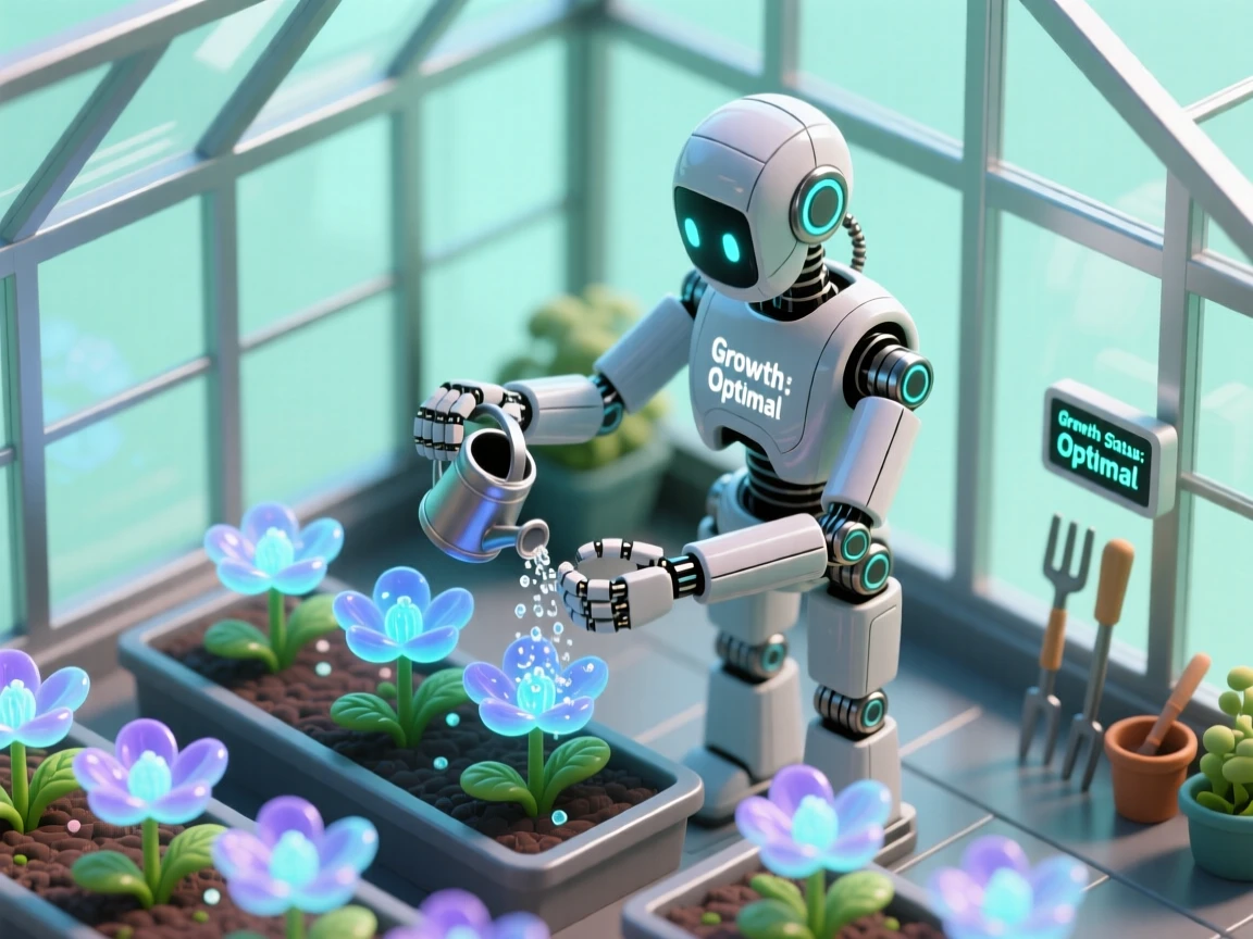 A robot gardener tending a greenhouse full of glowing alien flowers, careful metal hands watering each bloom.
