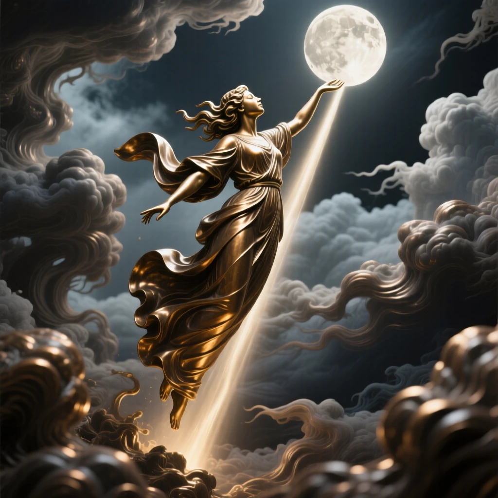 A celestial maiden descending on a beam of moonlight, framed by dramatic storm clouds, radiating awe and grandeur