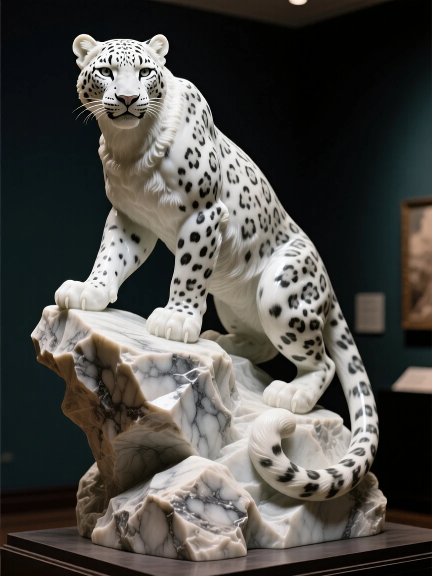 An evocative depiction of a snow leopard perched on a rocky outcrop, captured with cinematic depth and detail, balancing detail with emotional depth