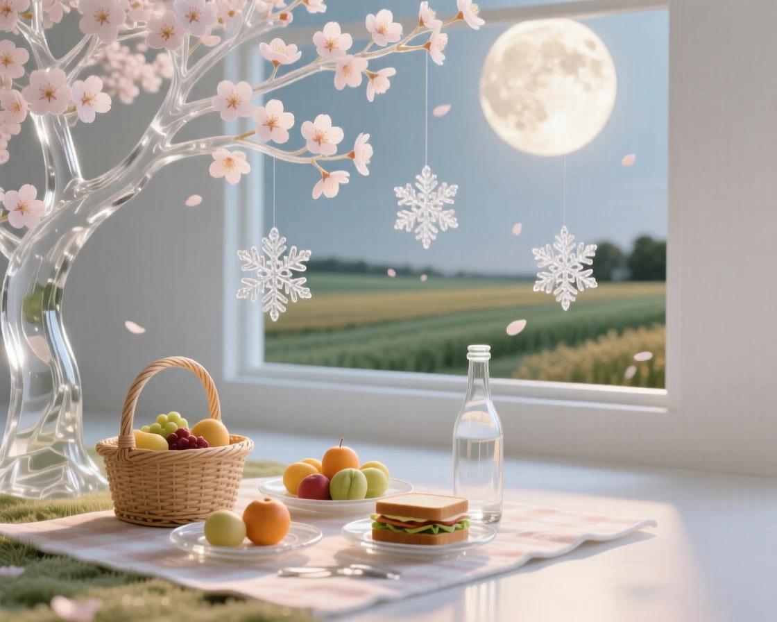 A picnic spread beneath a blooming cherry tree in spring beneath a harvest moon rising over the fields, while snowflakes drift slowly past the window