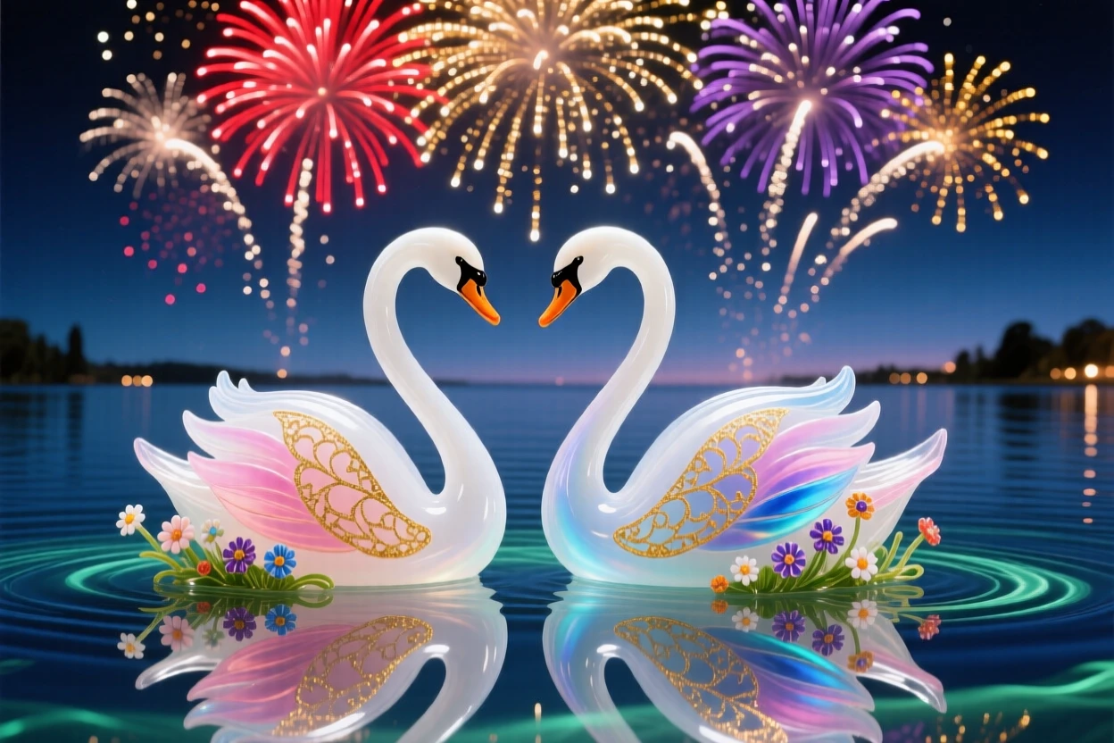 A pair of swans gliding beneath fireworks reflected on a still lake, celebratory and dazzling.