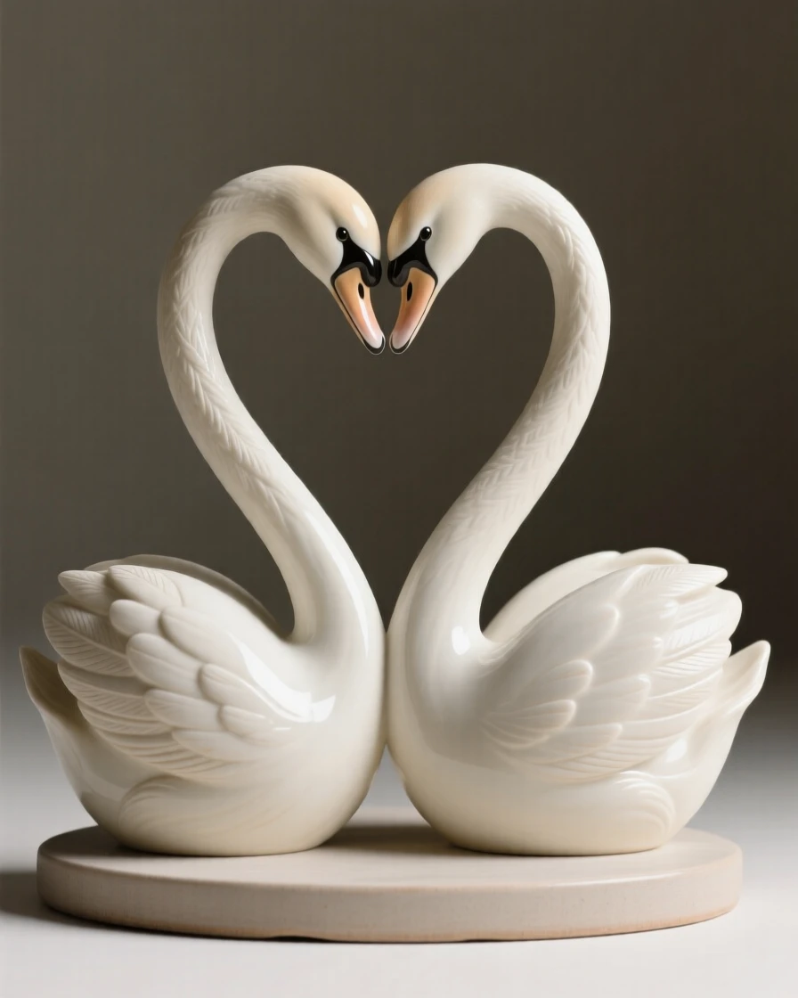A pair of elegant swans facing each other in a heart shape arranged as an accent piece with quiet sophistication, catching soft light along smooth curved surfaces, radiating sophistication and timeless taste.