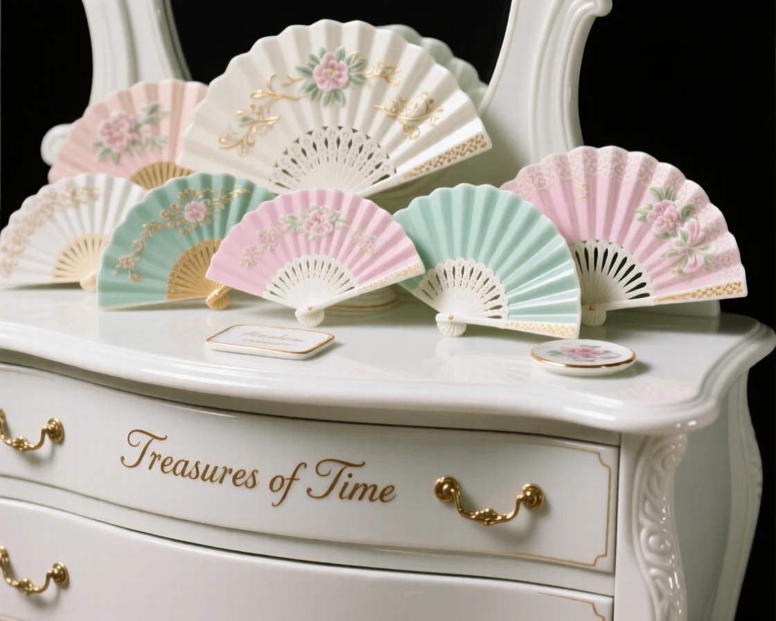 A collection of ornamental fans arranged across an antique dresser, evoking a sense of collected treasure.