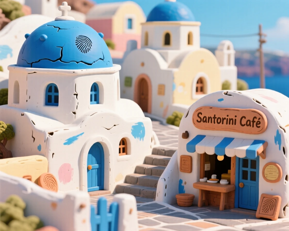 A colorful Greek Santorini village with blue-domed rooftops