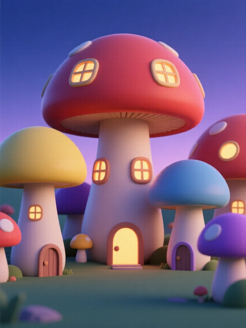 A giant mushroom village glows softly at twilight, tiny windows lit warmly beneath oversized colorful caps.
