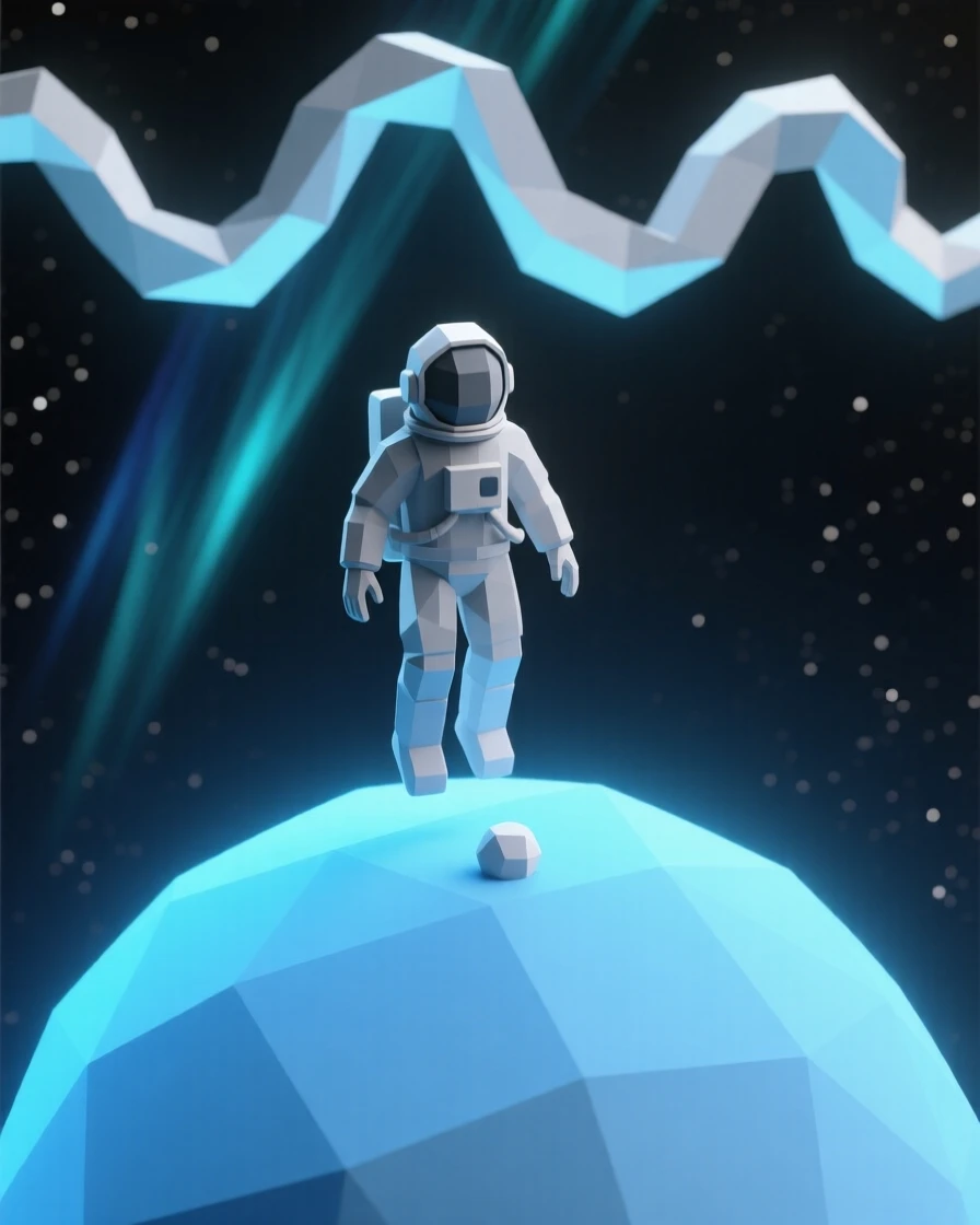 A lone astronaut floating above a glowing blue planet, beneath shimmering auroras. the scale of the scene emphasizes its vastness and wonder. A gentle, surreal beauty fills the composition.
