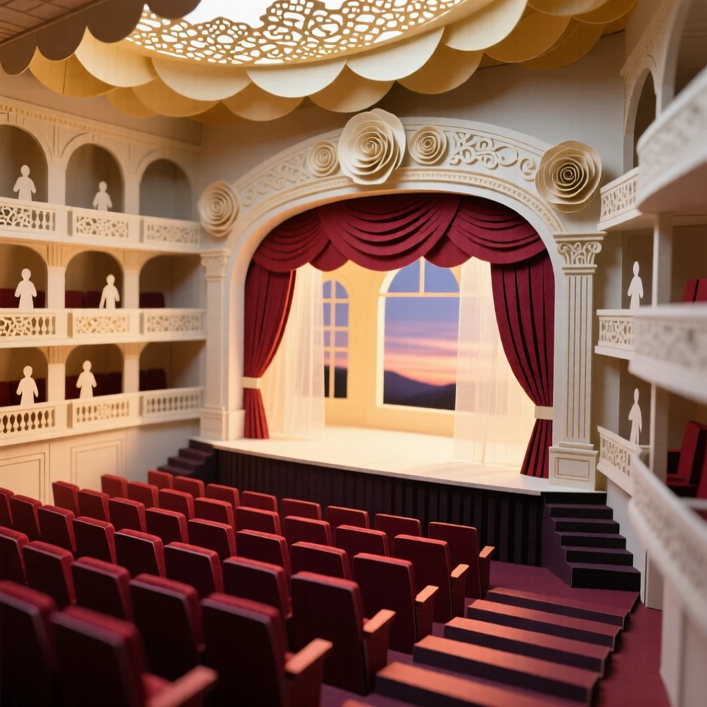An ornate opera house auditorium glowing softly at twilight, with intricate carved details catching the light, conveying architectural ambition and scale.