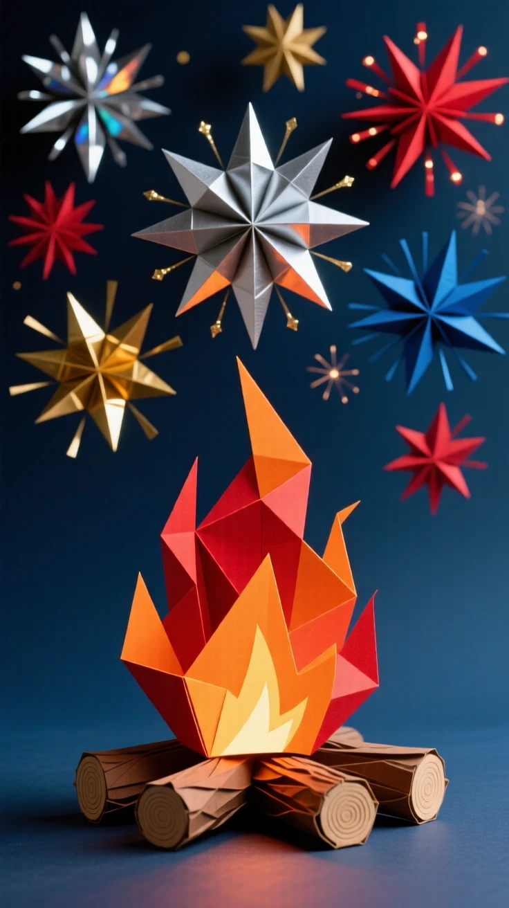 A Bonfire Night scene with fireworks lighting up the sky above a crackling bonfire.