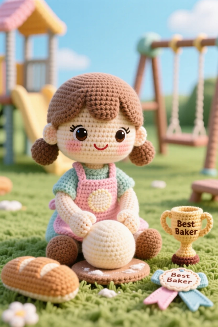a little girl learning to bake bread, with flour on her apron, kneading dough with careful hands, in a community playground on a clear day, with a small trophy or ribbon nearby, radiating the simple happiness of a favorite pastime.