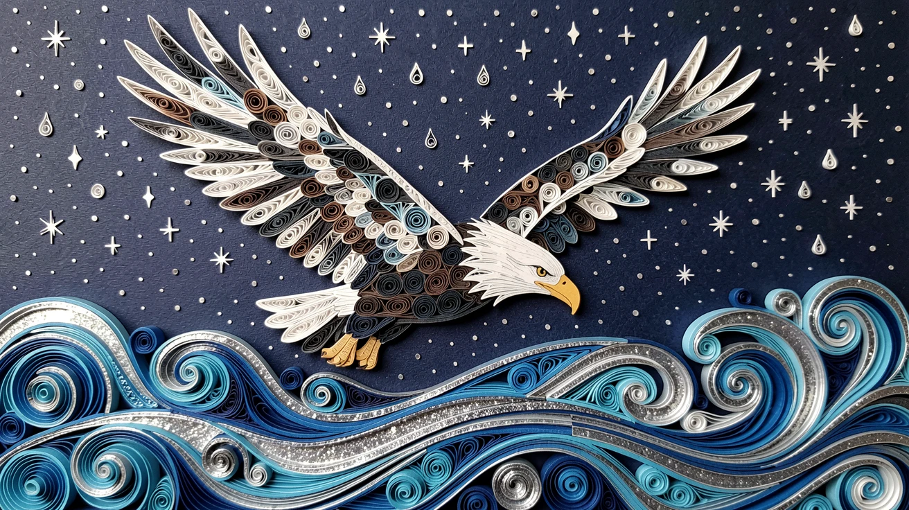 a bald eagle diving toward a rushing river, beneath a vast star-filled night sky, captured in a quiet, still, contemplative moment, in cool blues and silvers of early dawn.