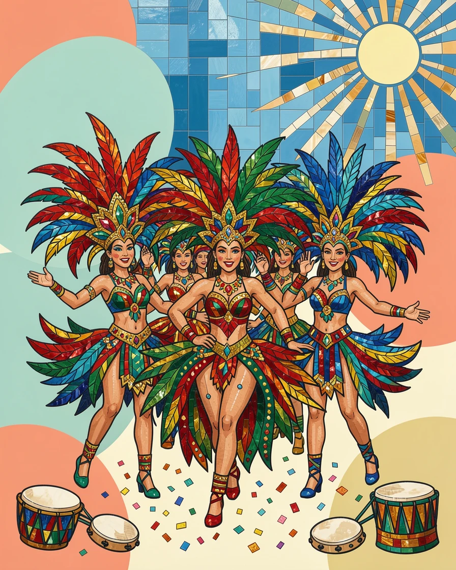A vibrant, festive scene of a lively Rio Carnival parade with dancers in elaborate feathered costumes, rich in color and cultural detail.