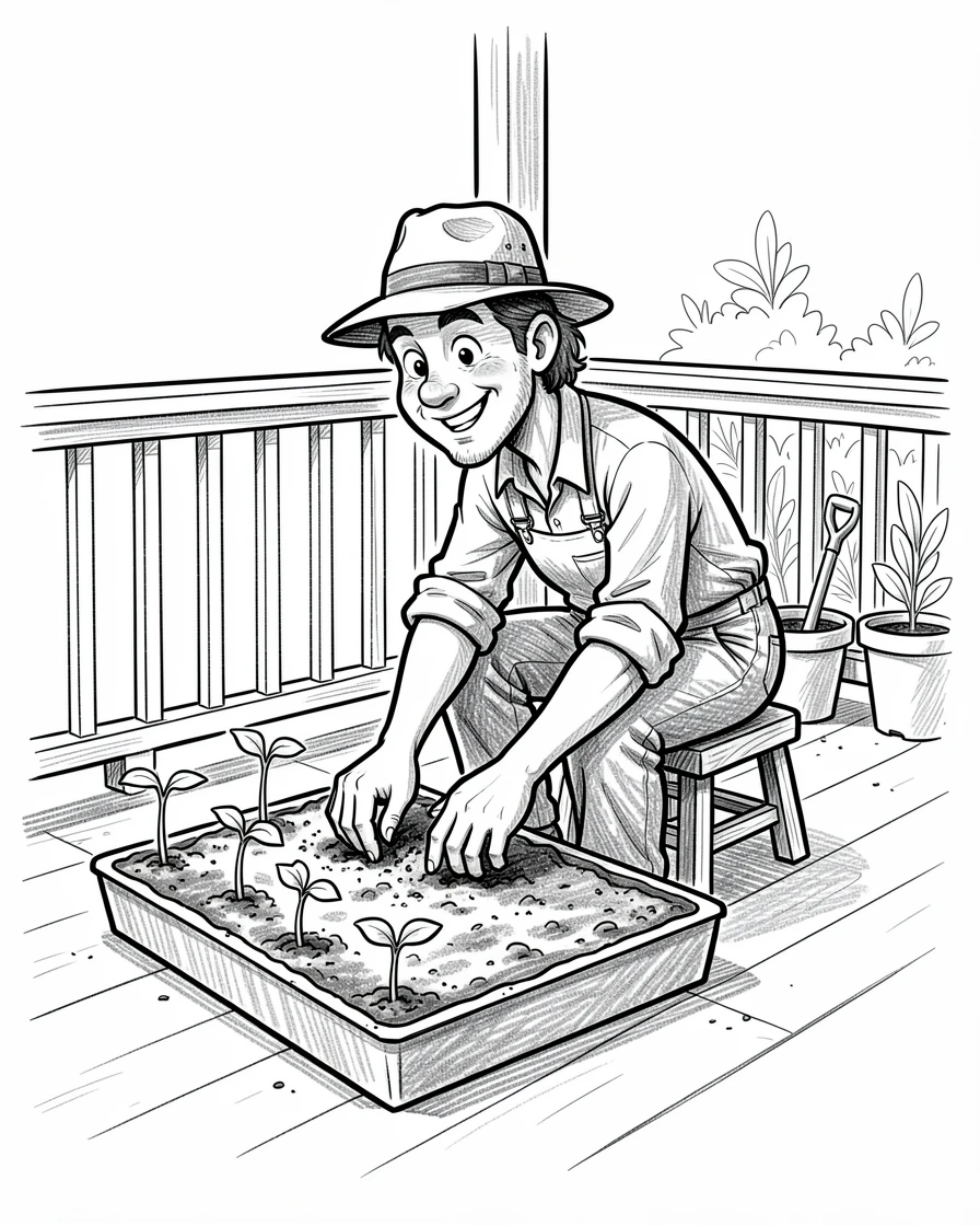 A gardener planting seedlings in neat rows on a porch during a quiet weekend.